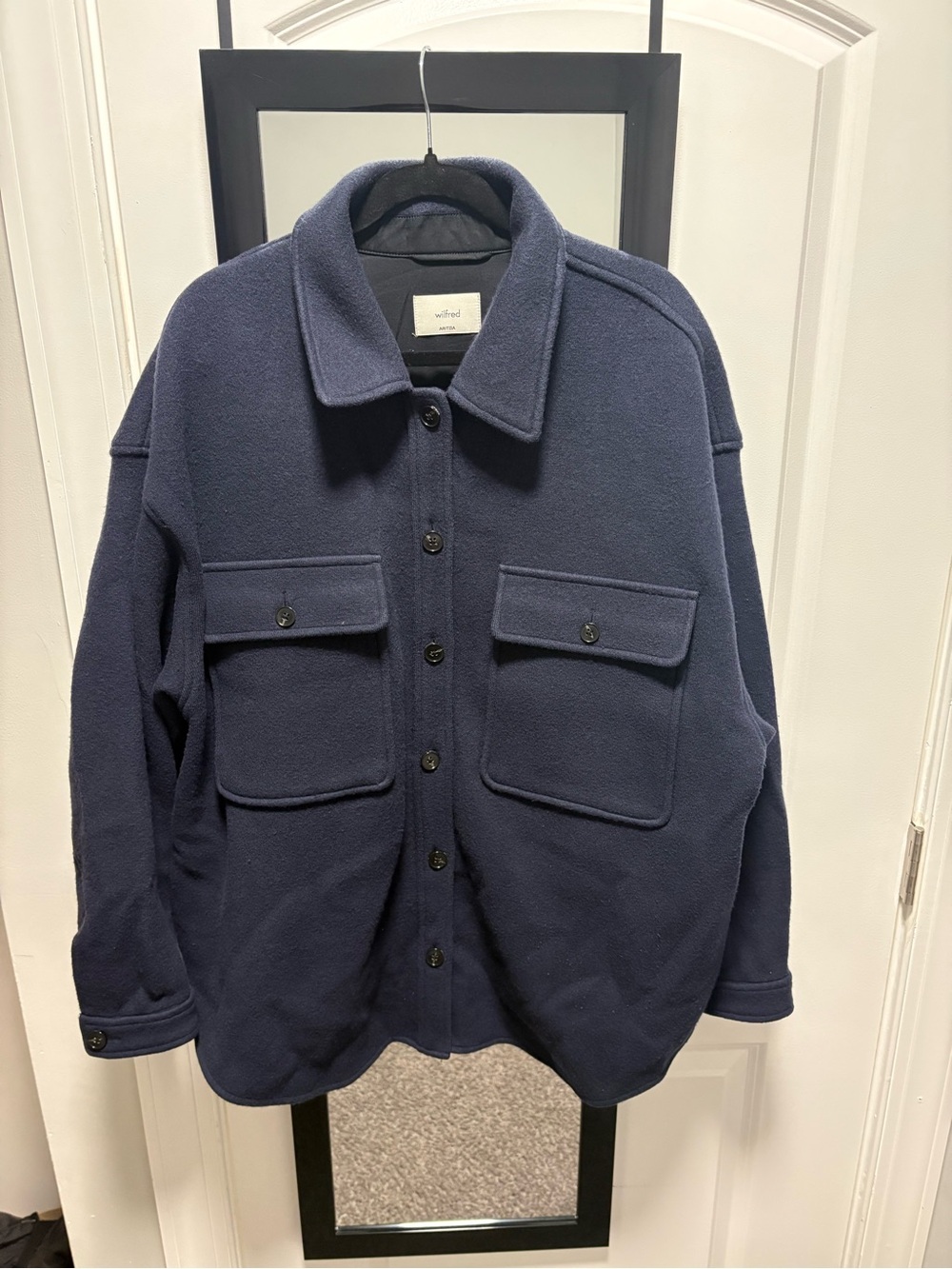 Wilfred Navy Teddy Button-Front Jacket with Flap Pockets